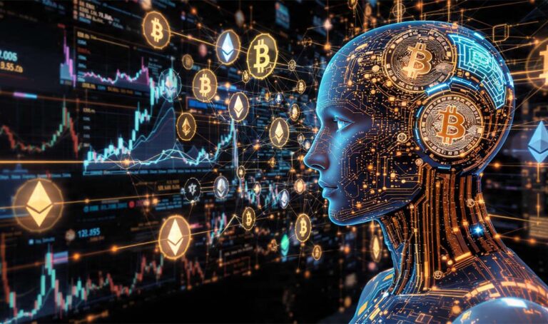 AI analyzing cryptocurrency markets with Bitcoin and Ethereum graphics — representing how artificial intelligence models perform in crypto investing in 2025.