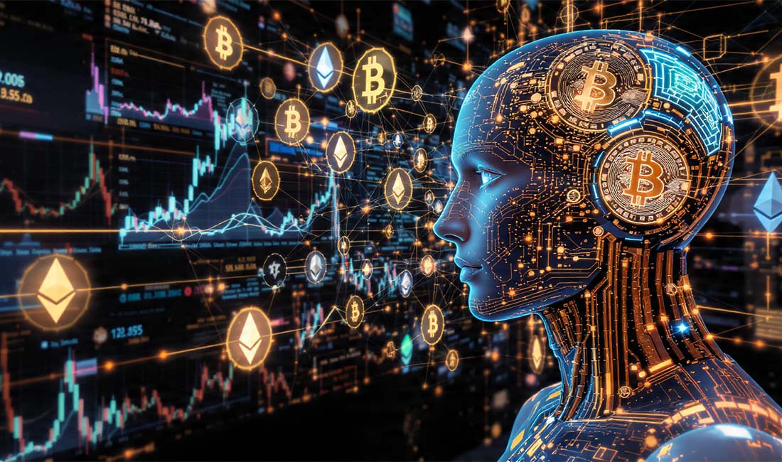 AI analyzing cryptocurrency markets with Bitcoin and Ethereum graphics — representing how artificial intelligence models perform in crypto investing in 2025.