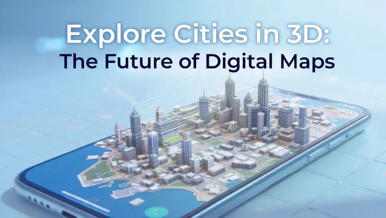 3D city map emerging from a smartphone screen, showing buildings, roads, and landmarks in a futuristic digital design.