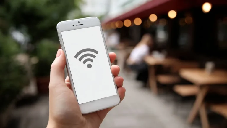 Person holding an iPhone with Wi-Fi signals linking to satellites in the sky.