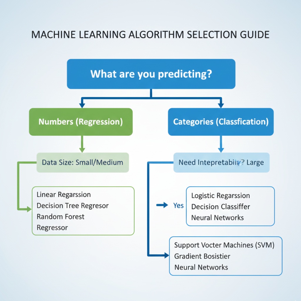Decision flowchart showing how to choose the right machine learning algorithm based on problem type, data size, and performance requirements