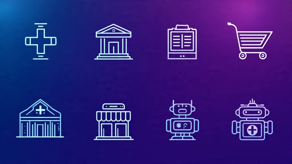Icons representing AI applications in healthcare, finance, education, and other industries