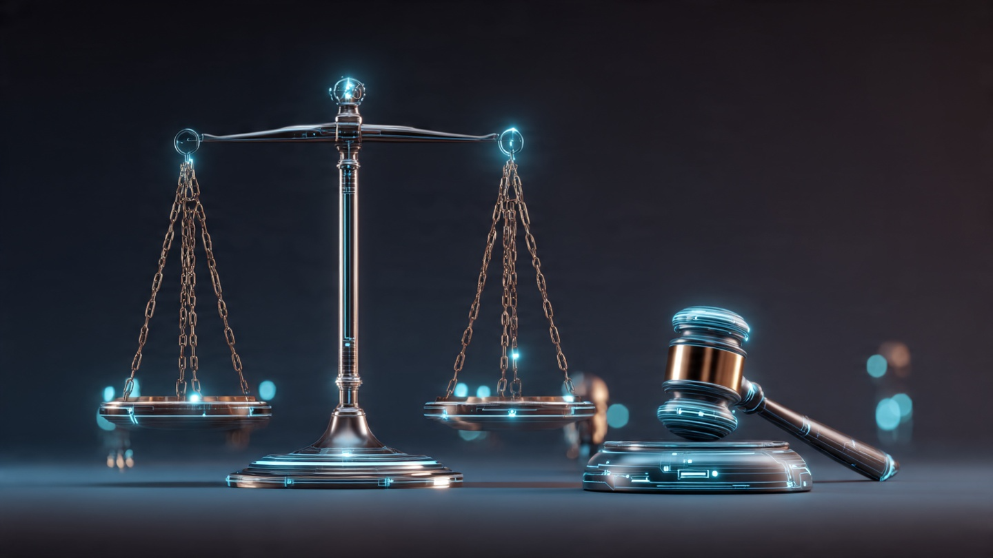 Conceptual illustration showing AI ethics and regulation with balanced scales, gavel, and interconnected digital network nodes representing legal frameworks