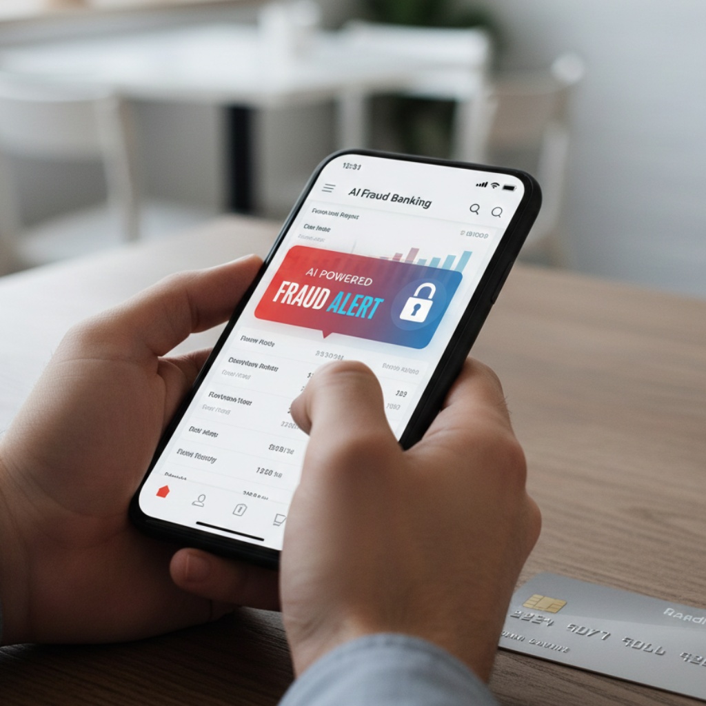 Mobile banking app displaying AI-powered fraud detection alert on smartphone with credit card security features