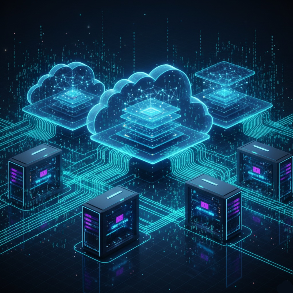 3D visualization of AI infrastructure showing GPU servers, cloud computing nodes, and distributed machine learning systems connected in a network