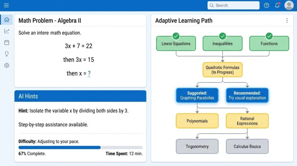 Interactive dashboard showing AI adjusting learning difficulty based on student performance with adaptive content recommendations and progress tracking