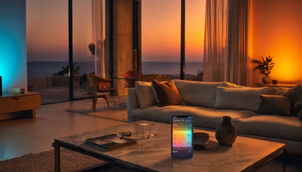 Smart home lighting system showing warm evening ambiance controlled by AI circadian rhythm automation