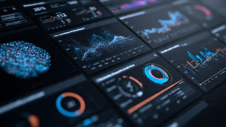 Futuristic digital dashboard showing AI research papers, trending topics, and neural network visualizations with data streams