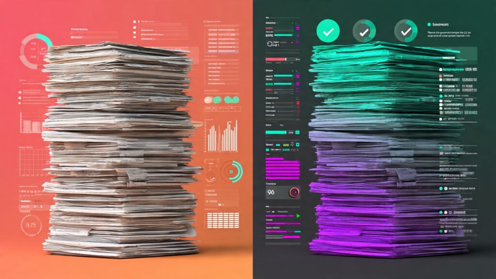 Split screen comparison showing traditional resume pile versus AI-powered digital resume analysis with matching scores and keywords highlighted