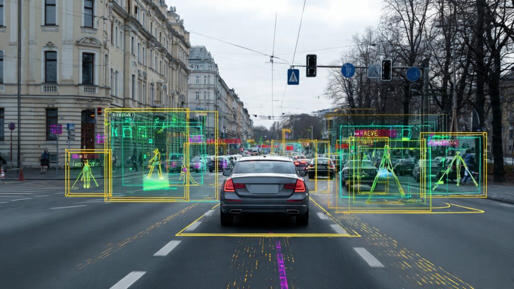 Autonomous vehicle showing LIDAR, camera, and radar sensors with real-time AI data visualization overlay detecting pedestrians and vehicles