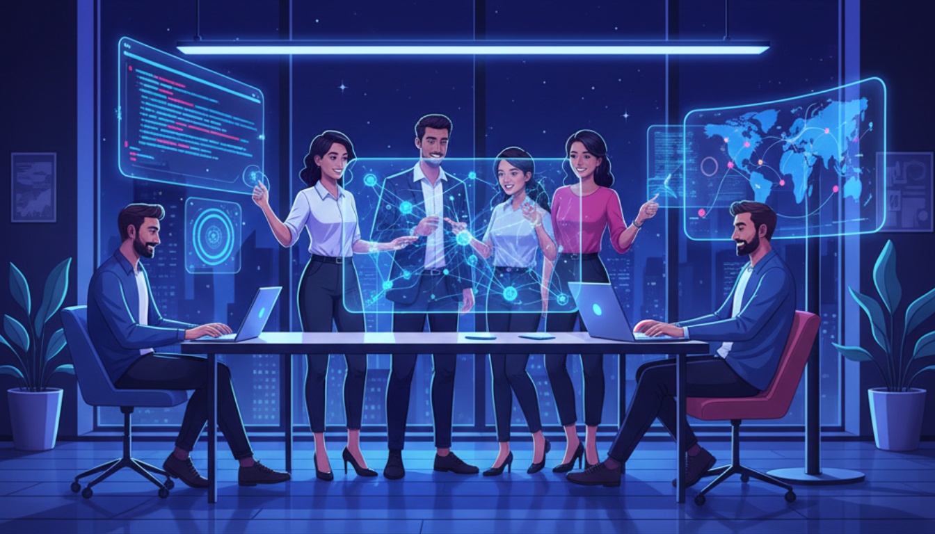 Futuristic illustration of AI startup founders working on machine learning technology with holographic displays and neural network visualizations