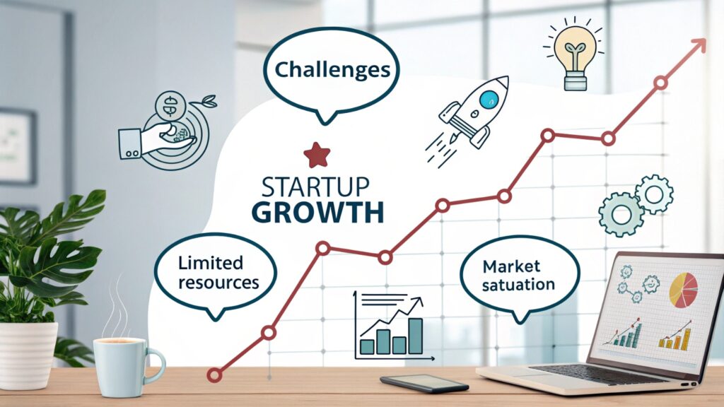 Abstract visualization showing the journey of AI startups with upward growth trends, challenges, and innovation pathways illustrated through geometric shapes and data points