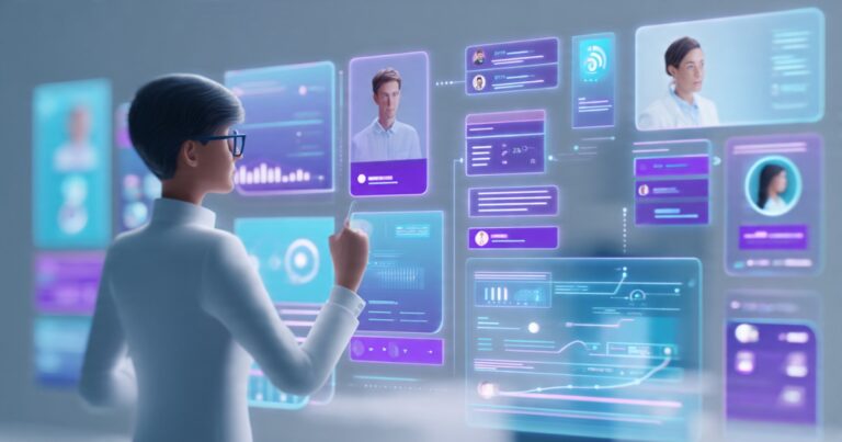 Futuristic HR office with holographic interface showing candidate profiles and AI-powered recruitment analytics dashboard