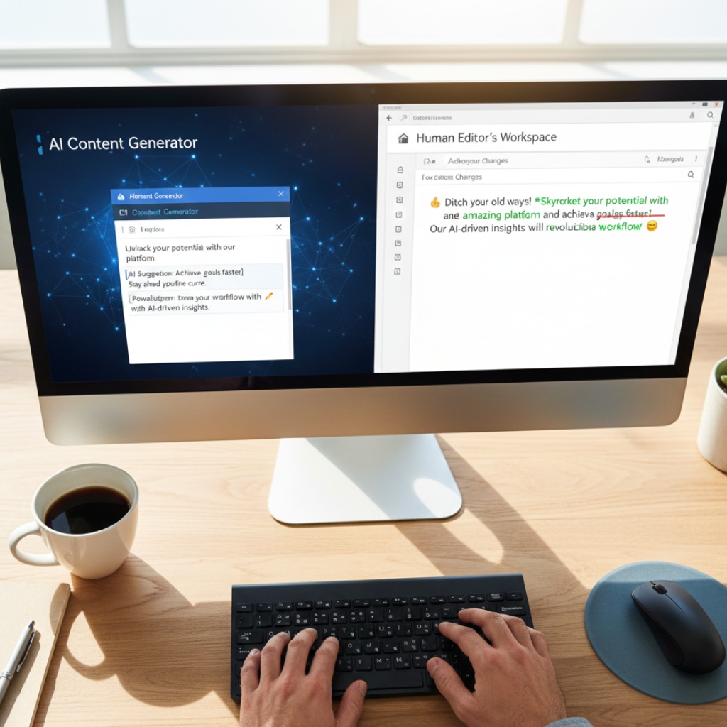 Split screen showing AI content generation tool on left and human editor reviewing and improving AI-generated marketing copy on right