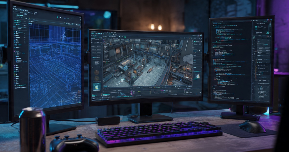 Modern video game development screen showing AI behavior trees, NPC pathfinding visualization, and game character AI programming interface