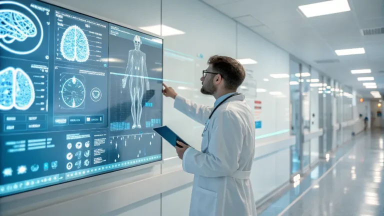 Doctor using AI diagnostic interface analyzing medical scans and patient data in modern hospital