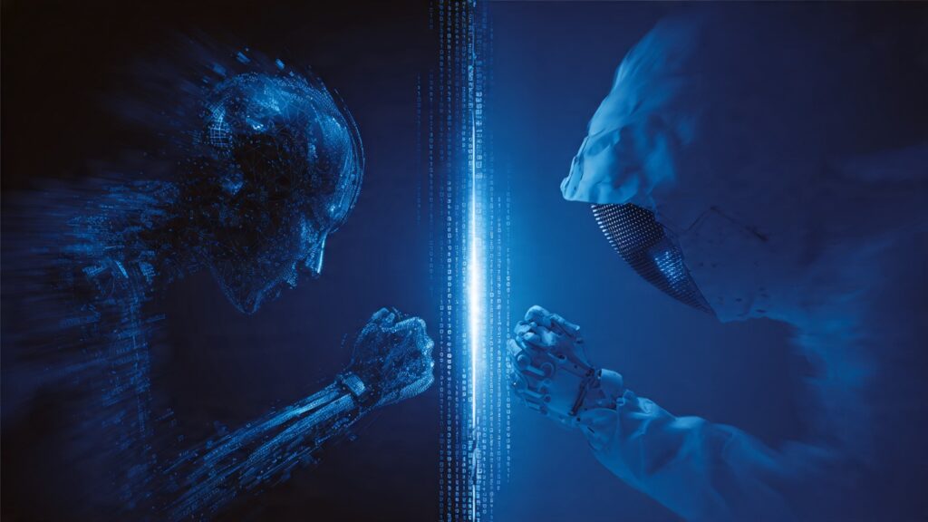 Visual comparison showing AI responding to cyber threats in seconds versus human response times in minutes, highlighting automated security response benefits