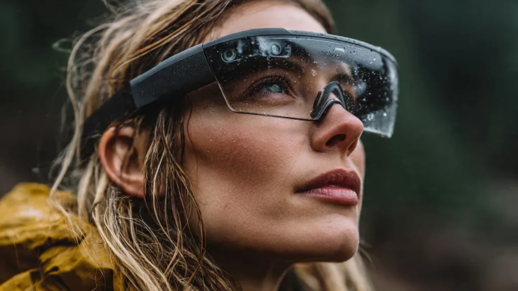 User wearing Meta Orion AR glasses outdoors with augmented reality navigation display visible