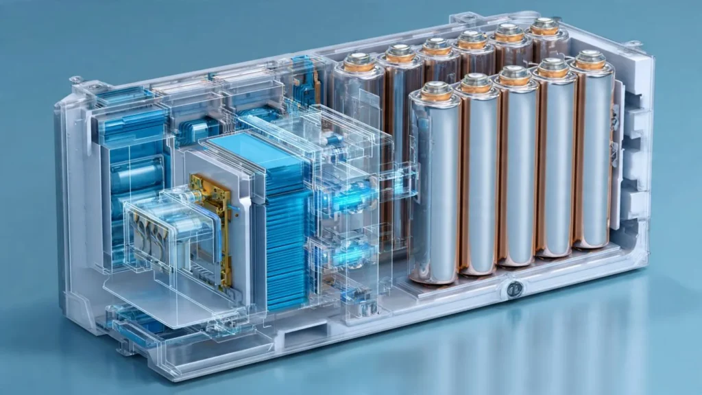 Detailed cross-section of solid-state battery technology showing internal cell structure