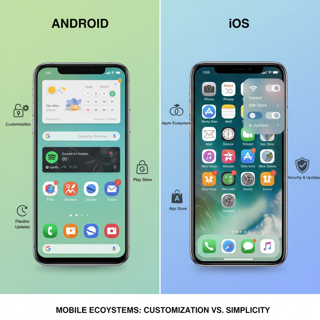 Side-by-side comparison of Android and iOS smartphones showing customization options, app ecosystems, and key platform differences