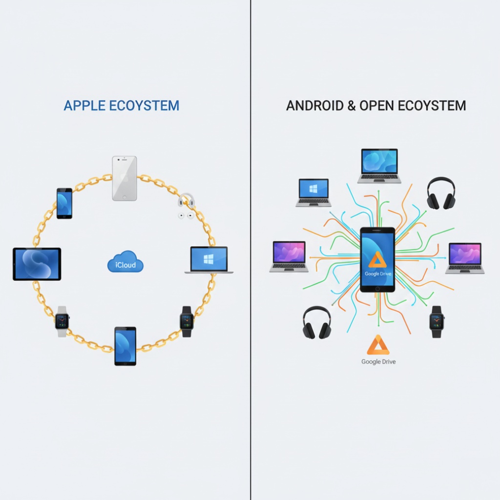 Infographic showing Apple devices (iPhone, MacBook, AirPods, Apple Watch) connected in a closed loop versus Android devices (various phones, tablets, laptops) in an open, interconnected network