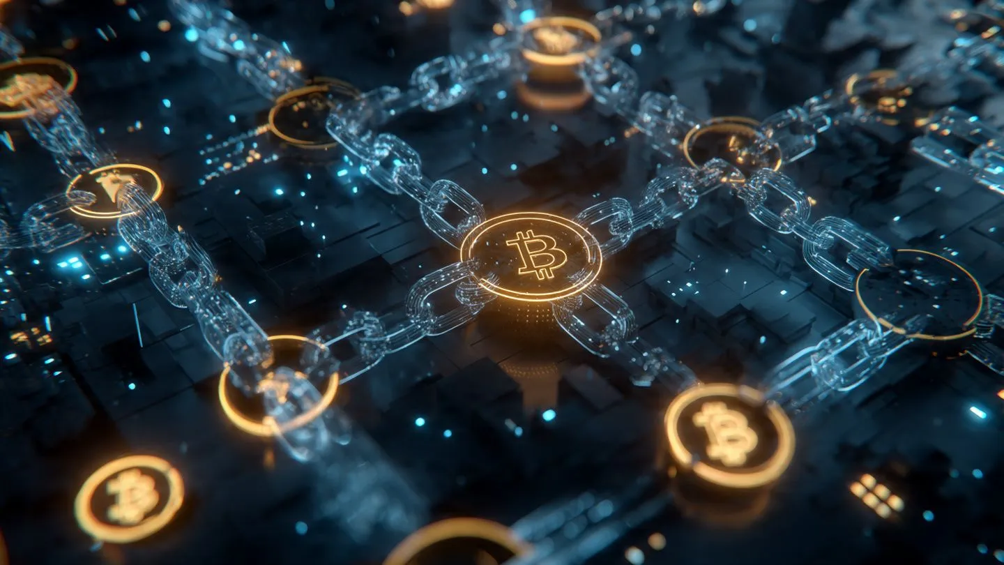 Blockchain network with interconnected nodes and cryptocurrency Bitcoin Ethereum symbols on dark digital background