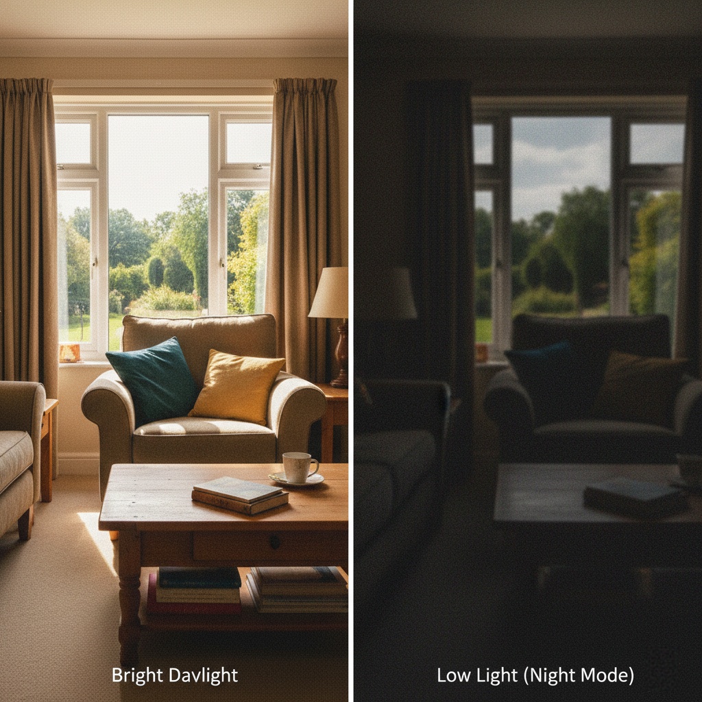 Side by side photo comparison showing budget smartphone camera quality in daylight versus low light conditions