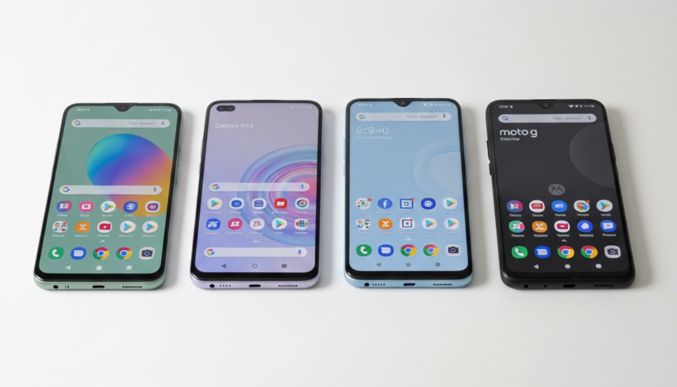 Collection of best budget smartphones including Google Pixel 8a, Samsung Galaxy A54, OnePlus Nord N30, and Motorola Moto G Power displayed side by side