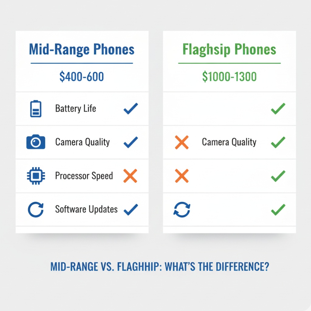 Infographic comparing mid-range and flagship smartphone features and pricing for 2026
