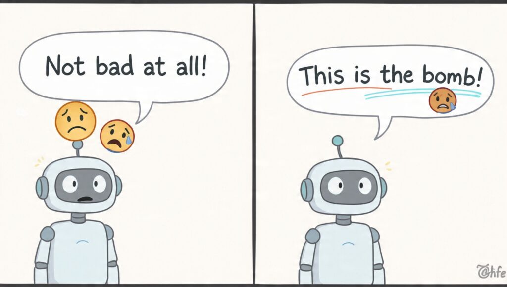 Illustration demonstrating how NLP sentiment analysis can misinterpret sarcasm and context with examples of confusing phrases like "not bad" and slang expressions