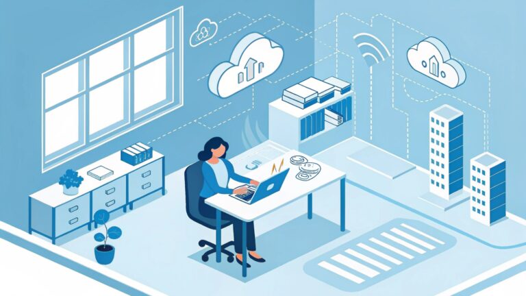 Small business owner using cloud computing services on laptop with digital cloud storage icons