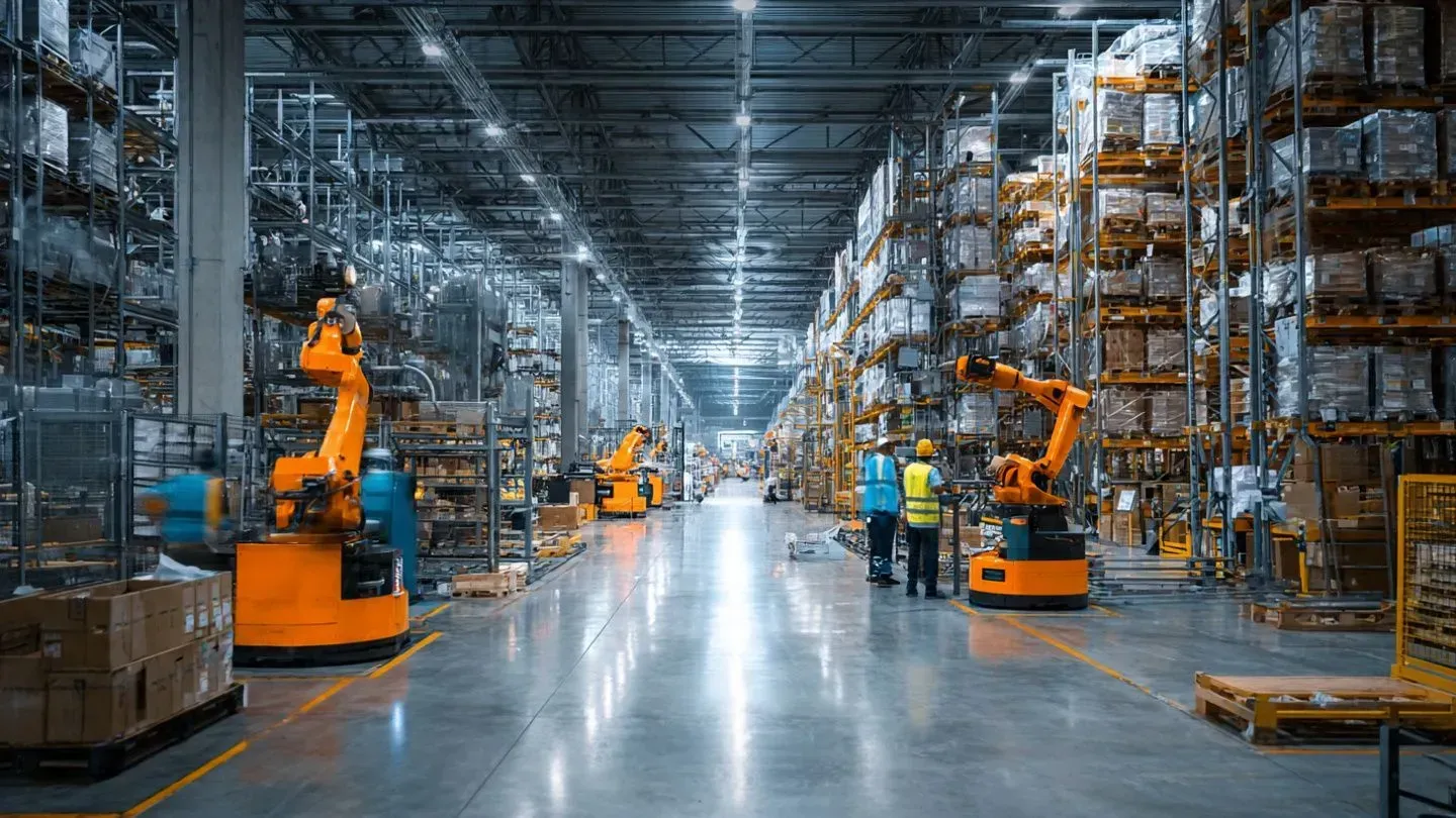 Collaborative robots and human workers operating together in automated warehouse with organized inventory shelving