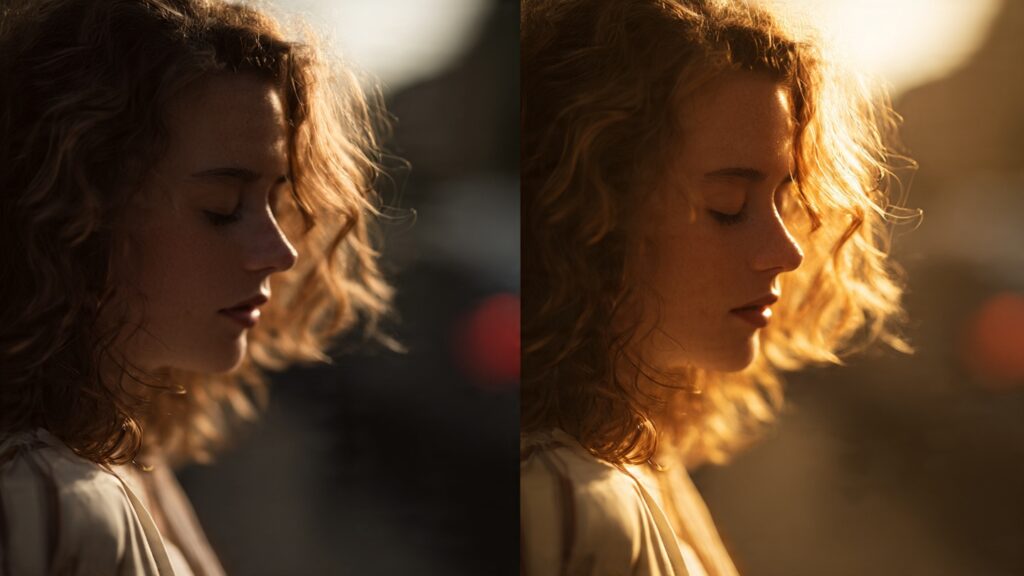 Side by side comparison showing the same subject photographed at noon versus golden hour demonstrating lighting differences