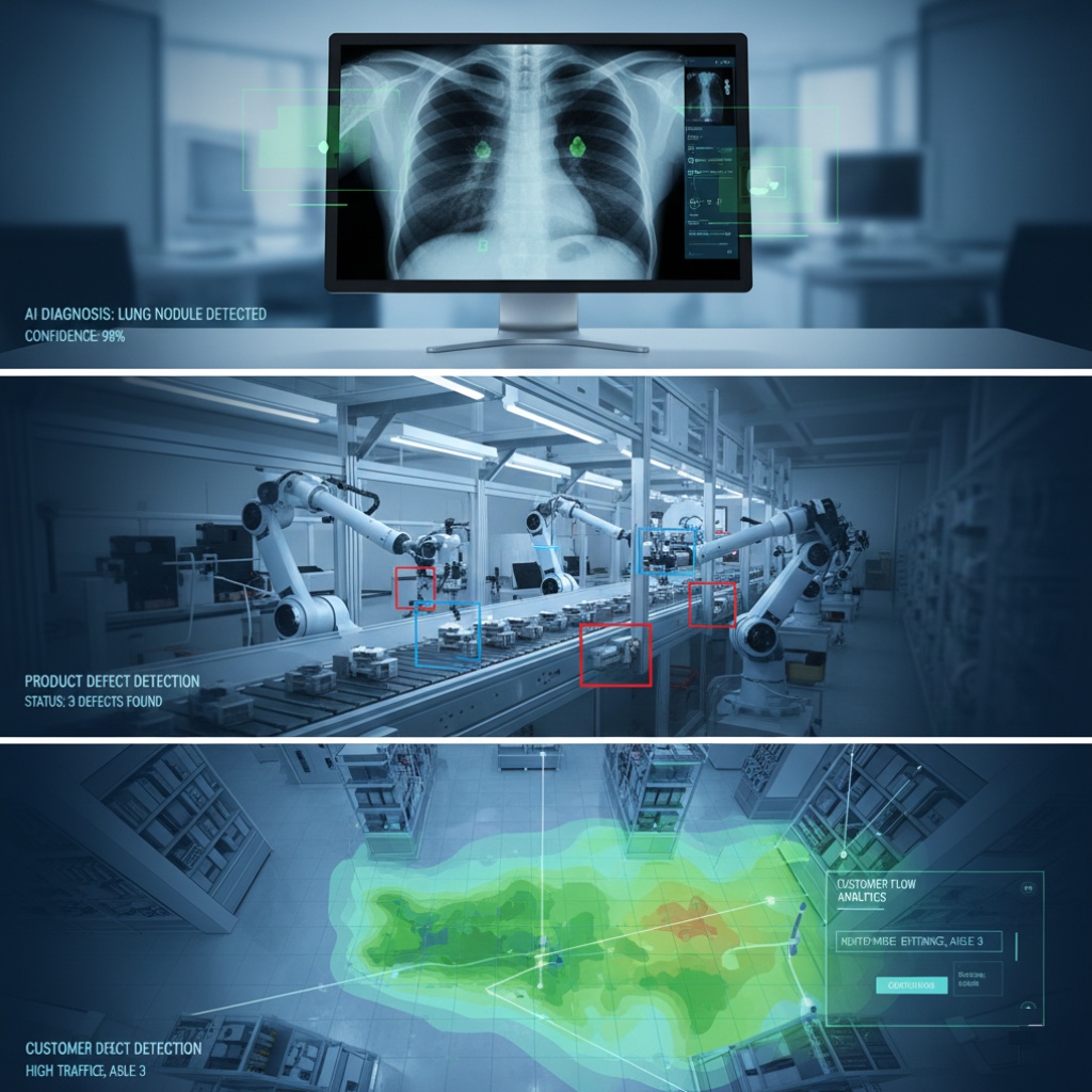 Split screen showing computer vision in action: medical imaging scan, manufacturing quality control, and retail analytics