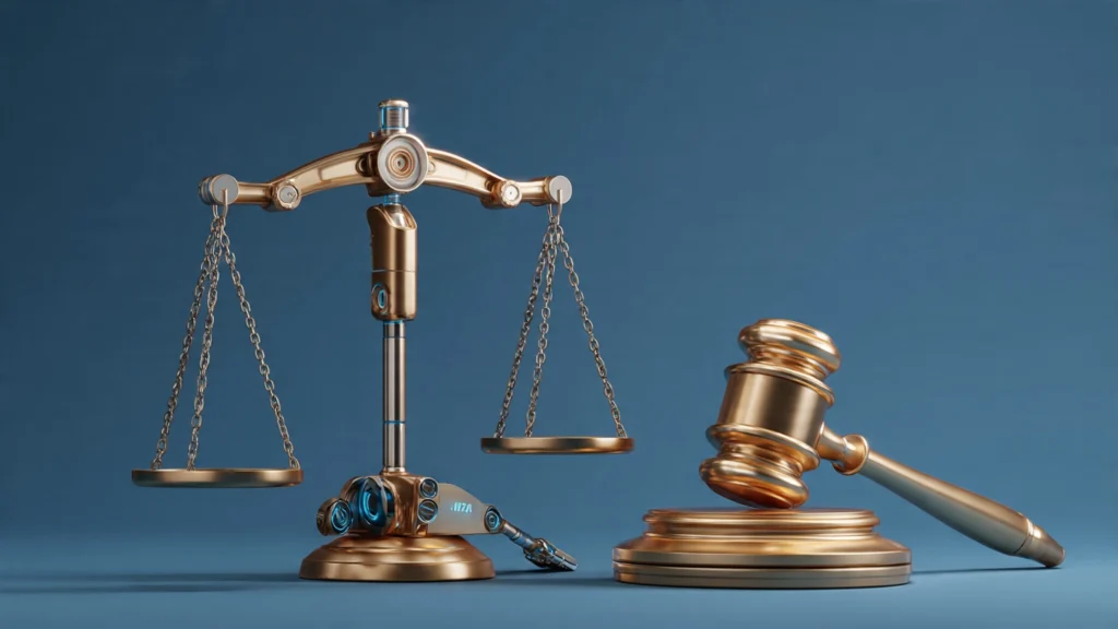 Create a professional, modern illustration depicting AI ethics and regulation. The image should feature a balanced scale in the center with digital/circuit board patterns on one side and legal symbols (gavel, law books) on the other. Include subtle network nodes, binary code elements, and a color scheme of blues, grays, and gold accents. The style should be clean, corporate, and convey the intersection of technology and law. Avoid showing actual faces or specific company logos