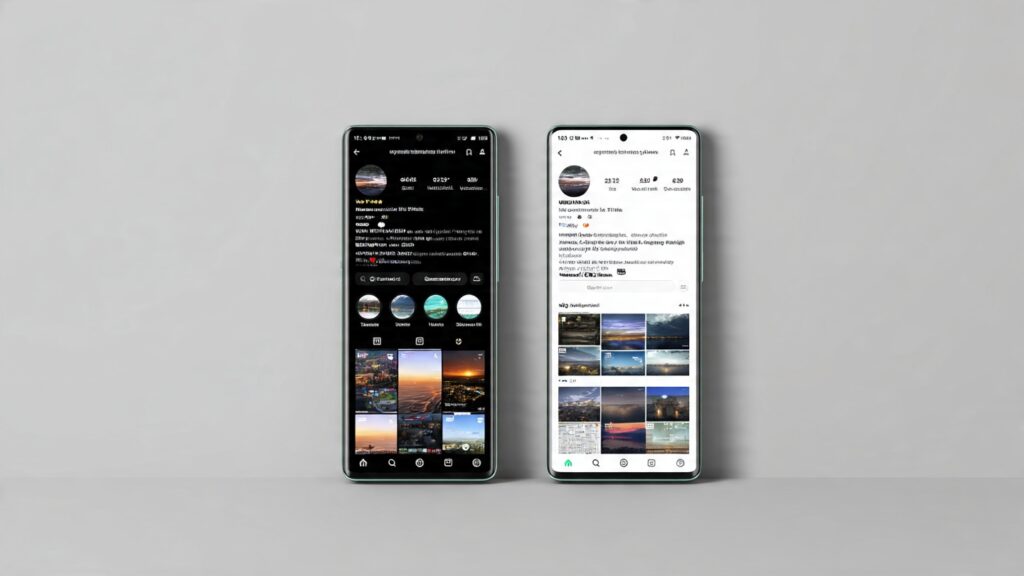 Side-by-side comparison of smartphone displaying dark mode and light mode interfaces, showing OLED battery saving benefits