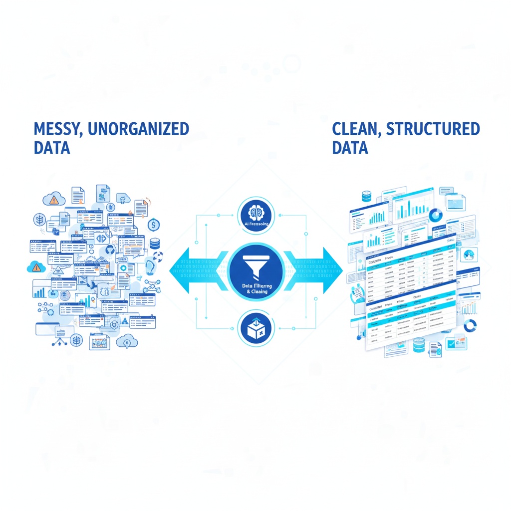 Visual representation of messy data being cleaned and organized by AI algorithms with before and after comparison