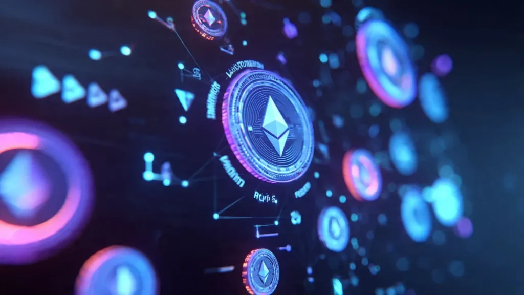 DeFi decentralized finance concept with Ethereum smart contracts and digital currency symbols