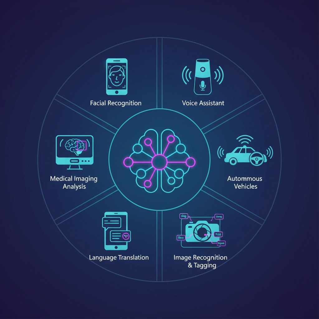 Collage showing real-world applications of deep learning including facial recognition, voice assistants, and image classification