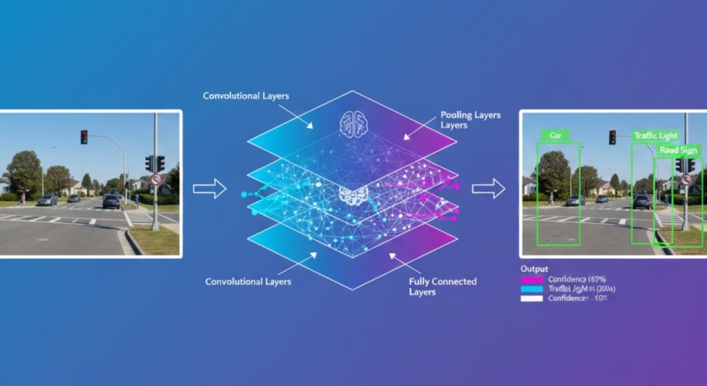 Diagram showing convolutional neural network layers processing road scene images for object detection and classification in self-driving cars