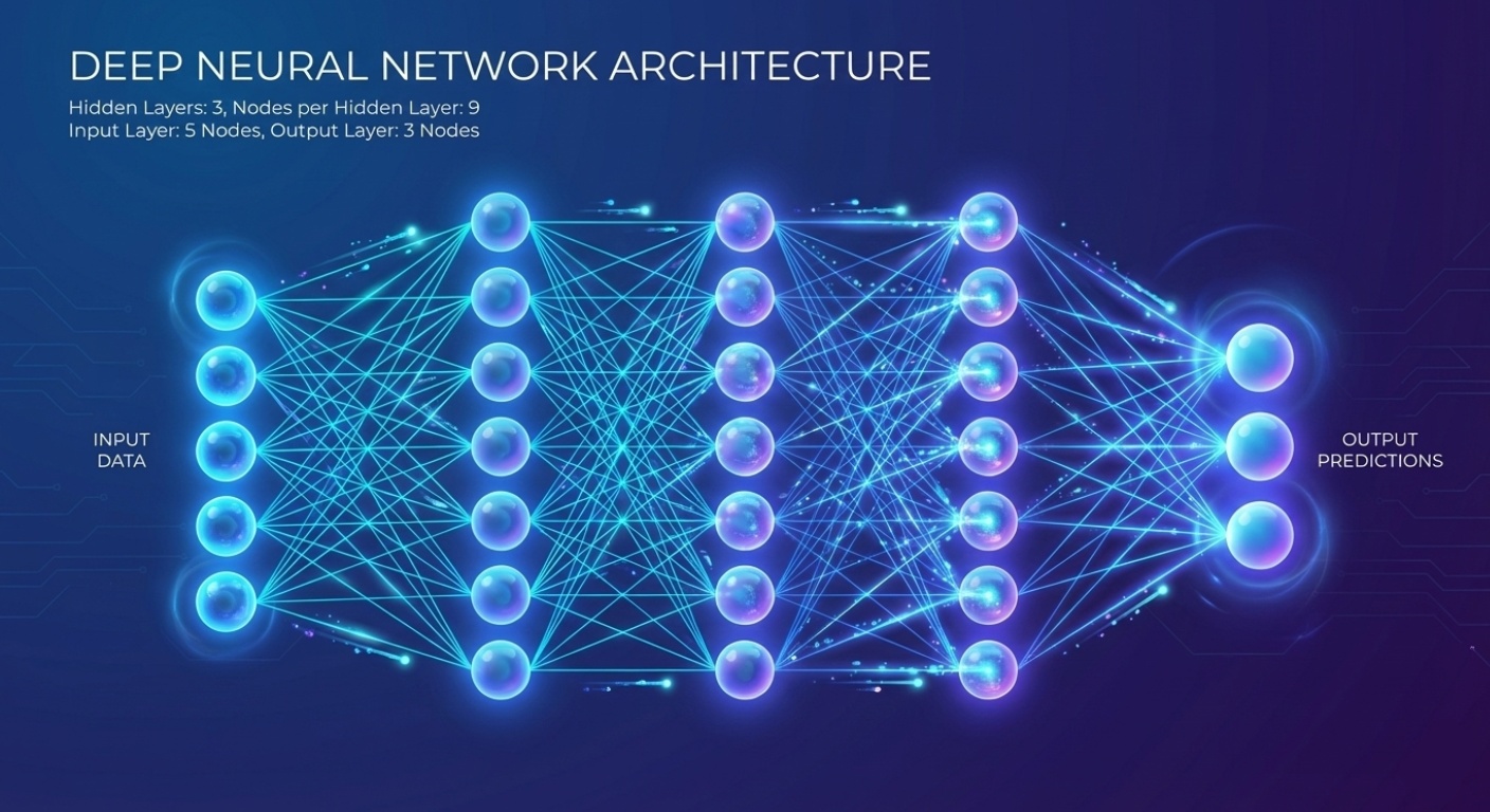 Multi-layered deep neural network diagram showing interconnected nodes processing data from input to output layer