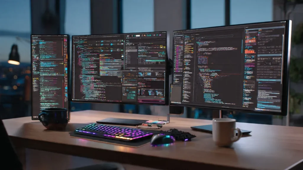 Developer workspace with multiple screens displaying deployment pipelines, Docker containers, and coding environment for infrastructure tools