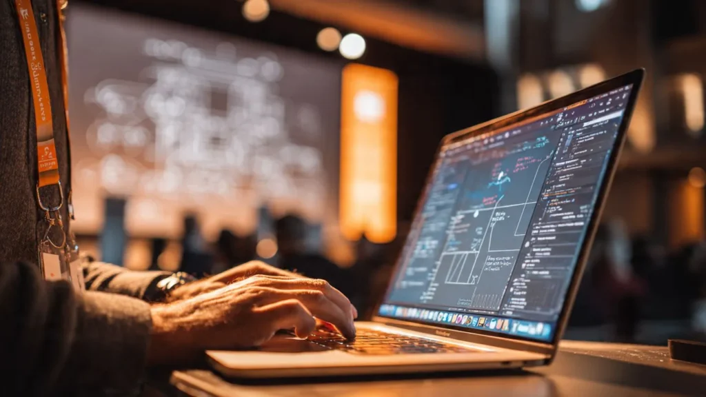 Professional taking detailed notes on laptop during a coding conference workshop session