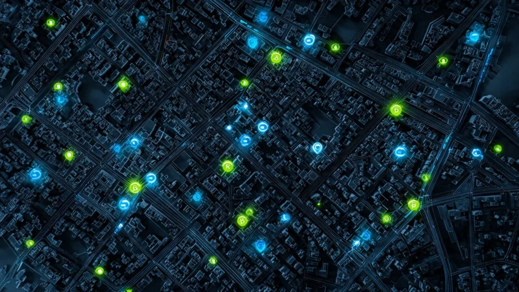 Interactive map visualization showing electric vehicle charging station network density across city with glowing connection points