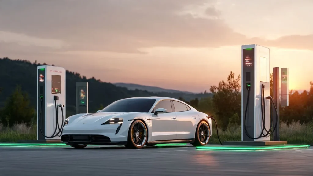 Electric car connected to fast charging station in sustainable environment