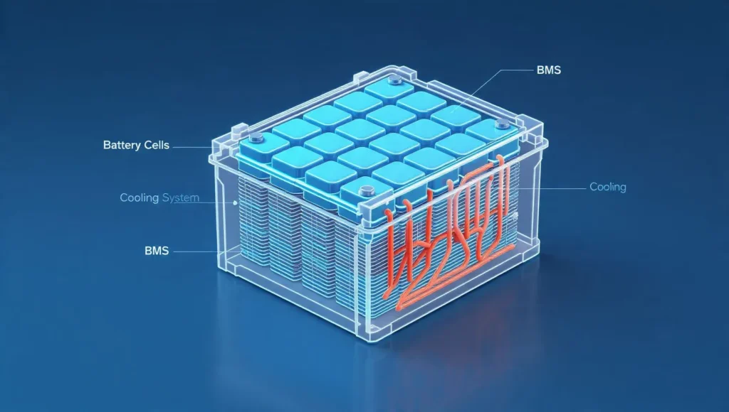 Technical cutaway diagram of electric vehicle battery pack showing lithium-ion cells, thermal management system, and battery management electronics