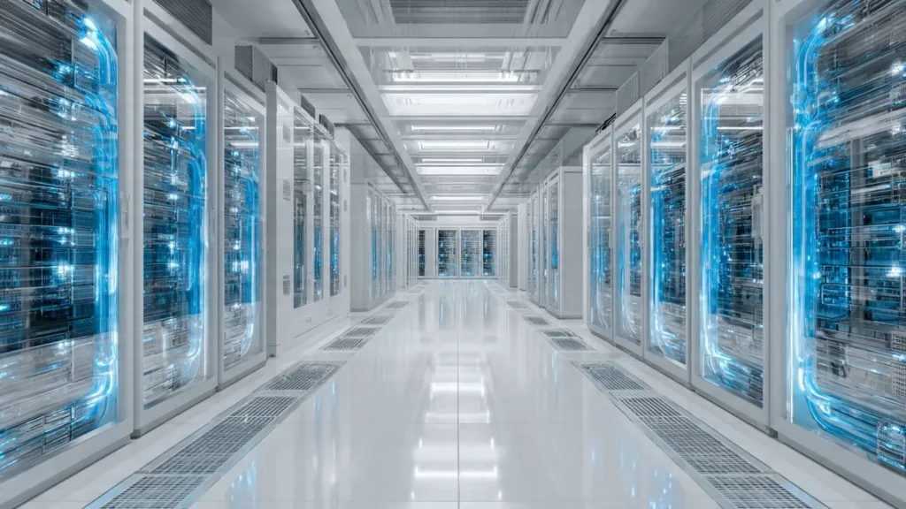 Liquid-cooled data center servers with visible cooling system tubes