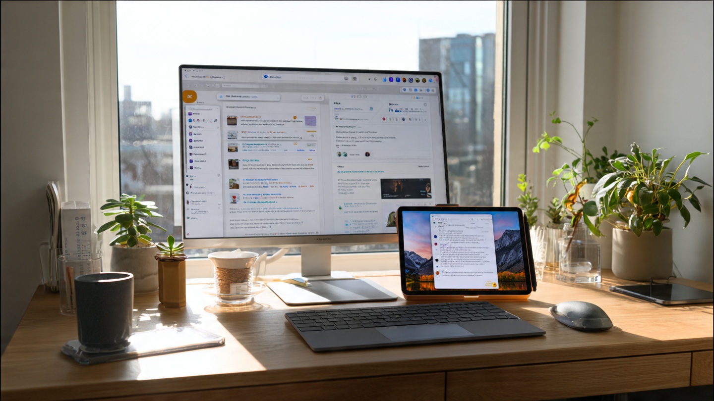 Collection of beginner-friendly AI tool interfaces including ChatGPT, Google Colab, and Midjourney displayed on laptop screens with simple, clean workspace background