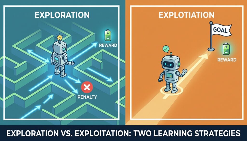 Diagram comparing exploration strategy versus exploitation strategy in RL with visual examples of agent decision-making