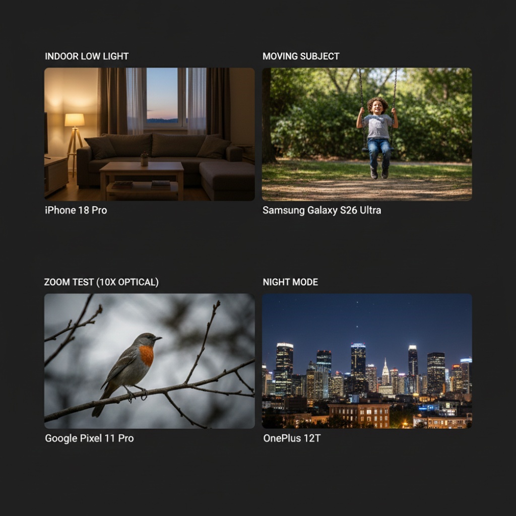 Split screen comparison showing photos taken with different flagship smartphone cameras in challenging lighting conditions
